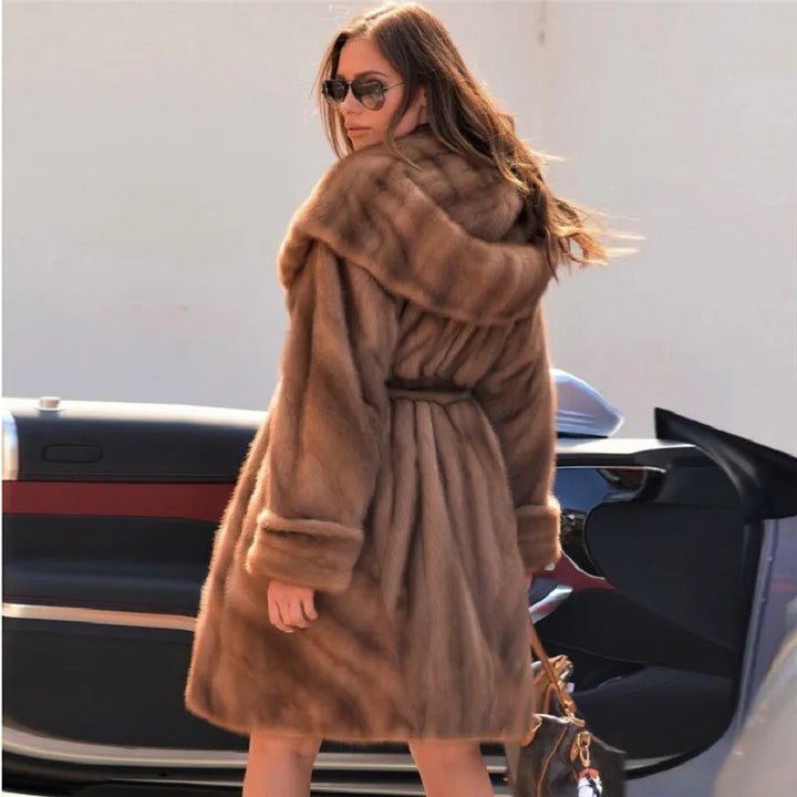 High Quality 90CM Long Genuine Mink Fur Jacket With Hood Thick Warm 2022 Winter Wholeskin Real Mink Fur Coat With Belt For Women