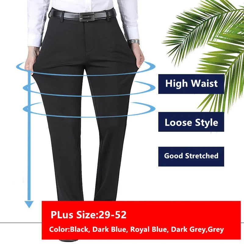 Men's Plus Size Formal Pants - Elastic Stretch, Business Suit, Black/Blue/Grey - Size 46-52
