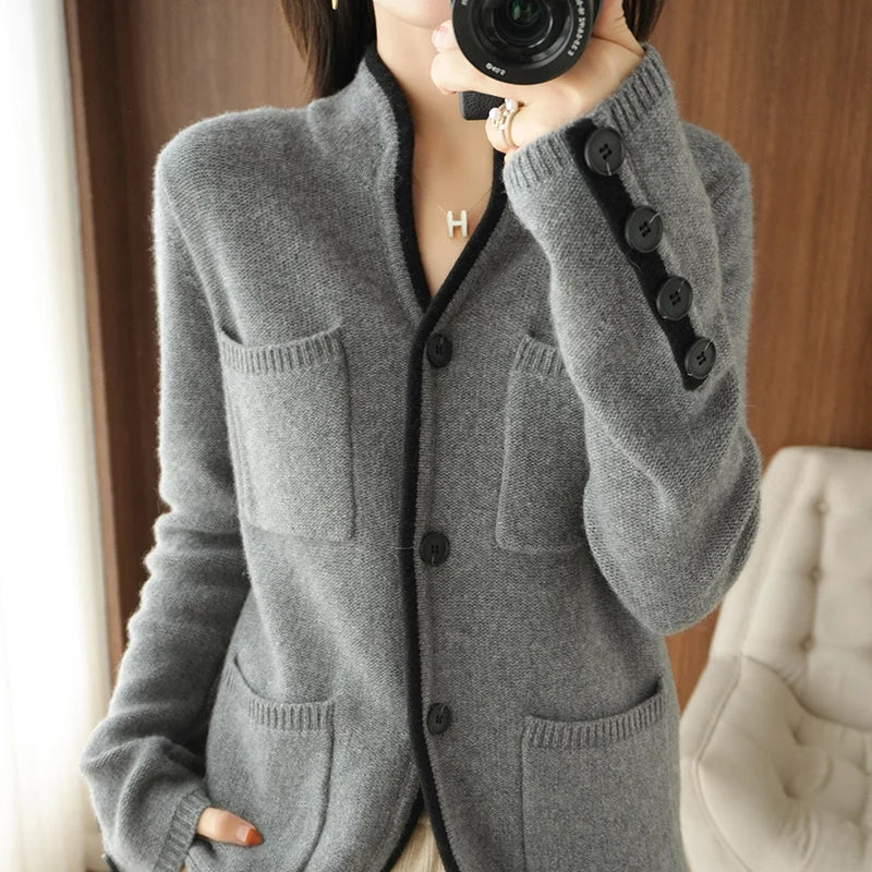 Women's 100% Wool Cardigan - Korean Fashion Autumn/Winter '22 - Stand-up Collar - Casual Knit Tops