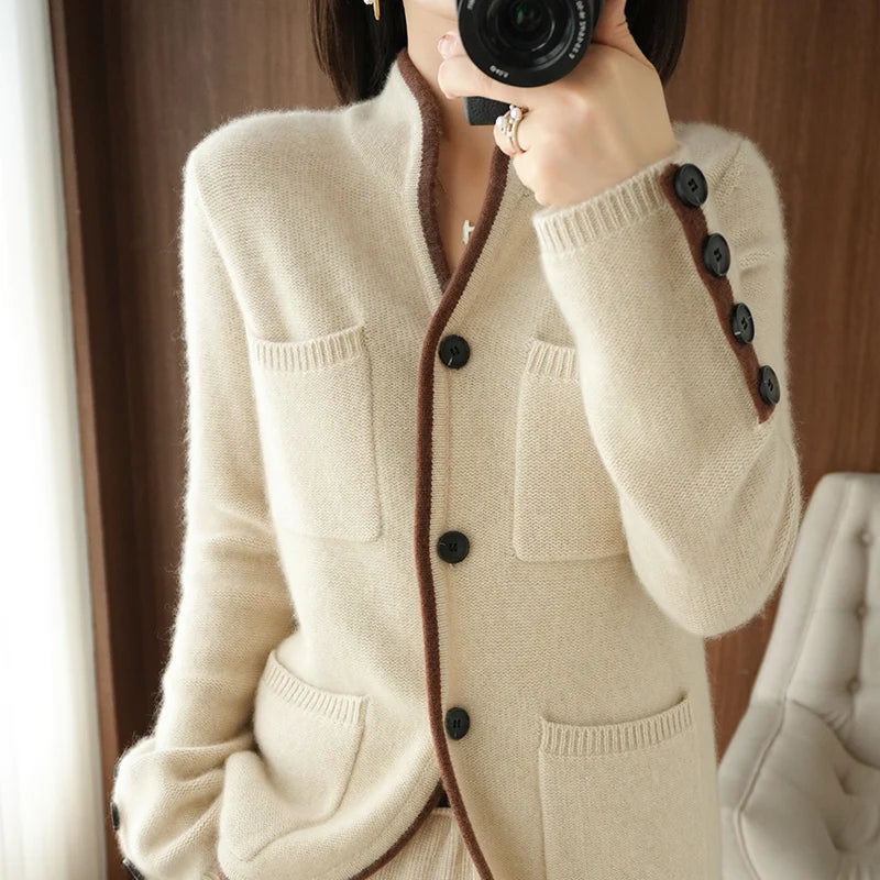 Women's 100% Wool Cardigan - Korean Fashion Autumn/Winter '22 - Stand-up Collar - Casual Knit Tops