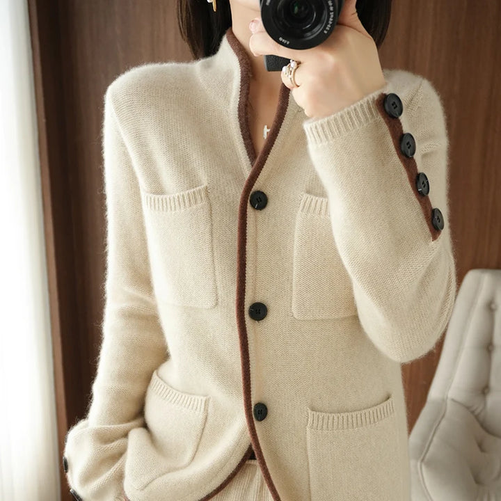 Women's 100% Wool Cardigan - Korean Fashion Autumn/Winter '22 - Stand-up Collar - Casual Knit Tops