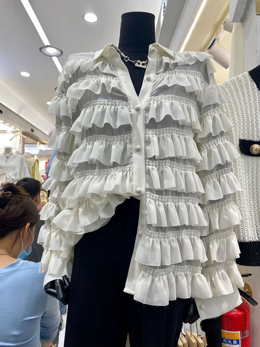 2021 Spring Fashion: Women's Ruffles Stitching Cardigan Blouse - Loose Fit