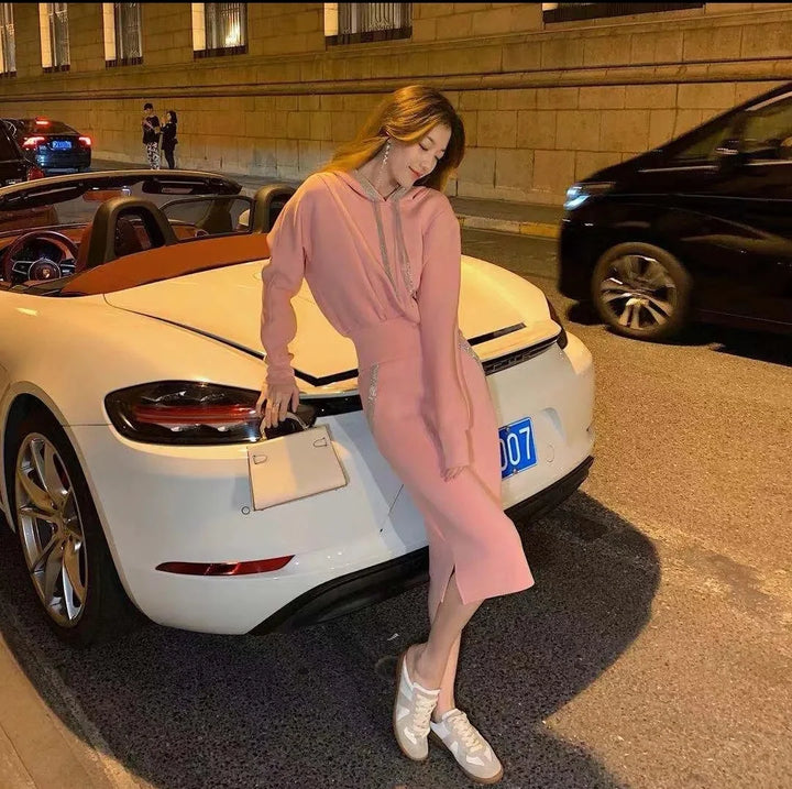 Women's Elegant Pink Hooded Sweatshirt & Skirt Set - 2022 Autumn/Winter Office Wear