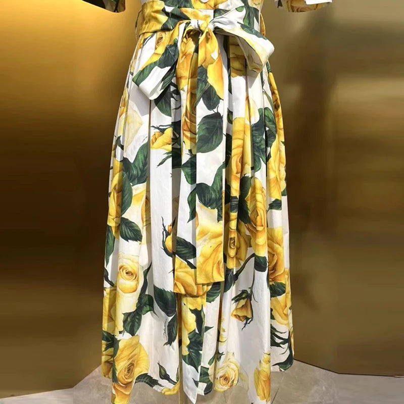 Upgrade Your Wardrobe with MARYYIMEI Yellow Rose Printed MIDI Dress - Slim-Fit, Lace-Up, and Single-Breasted!