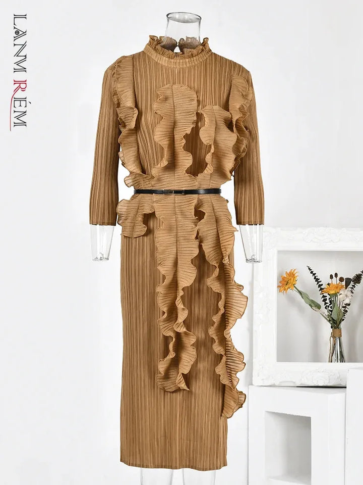 LANMREM Ruffles Pleated Dress - Spring 2024 Fashion Party Dress with Belt & Gathered Waist - One Size 120cm