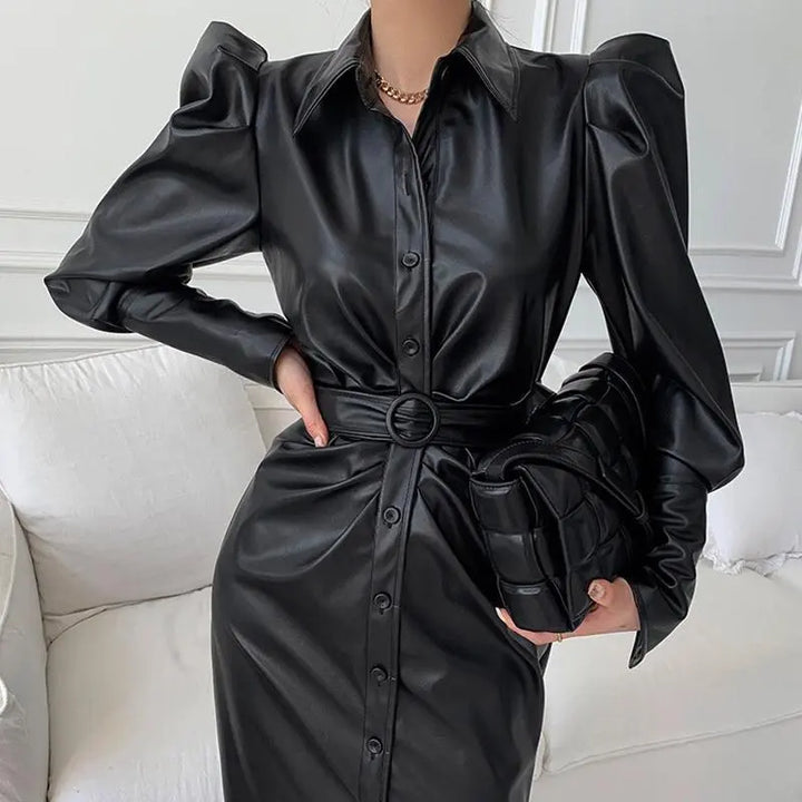 Chic PU Leather Motorcycle Dress - High Waist, Long Split Sleeves, Belted - Women's Autumn Collection