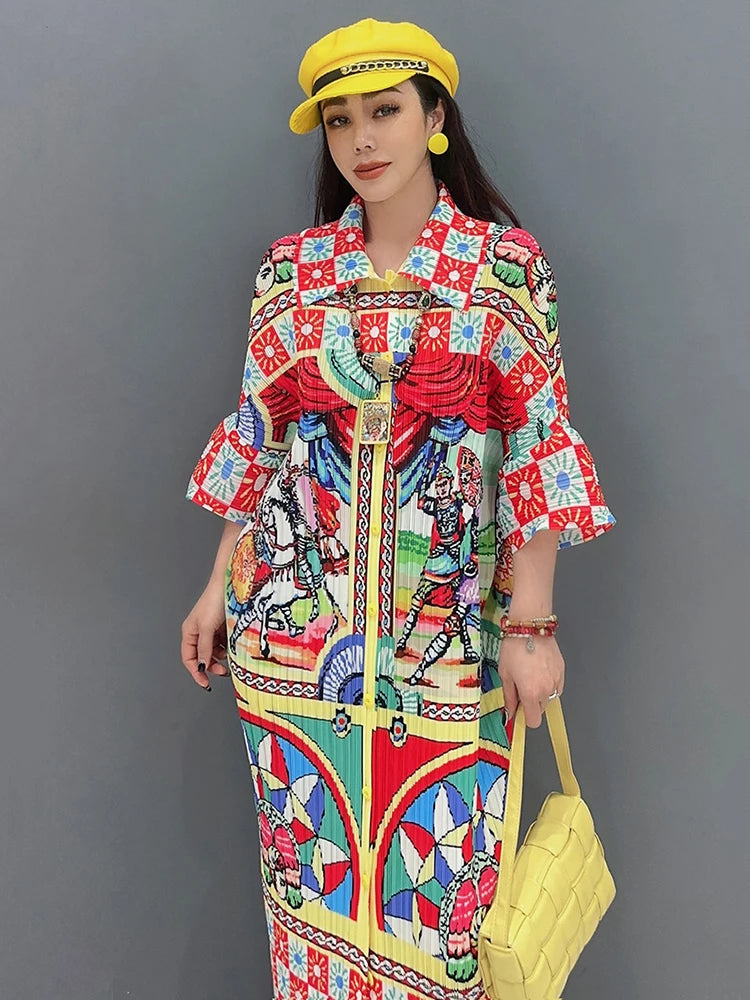 Chic Spring 2024 Printed Dress - Loose Fit, Folds Design, Three Quarter Sleeve - SHENGPALAE