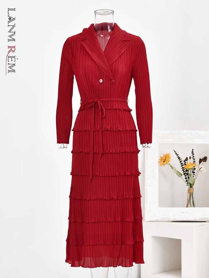 LANMREM Designer Pleated Dress for Women - Laple, Double Breasted, Long Sleeves, 2024 New Collection