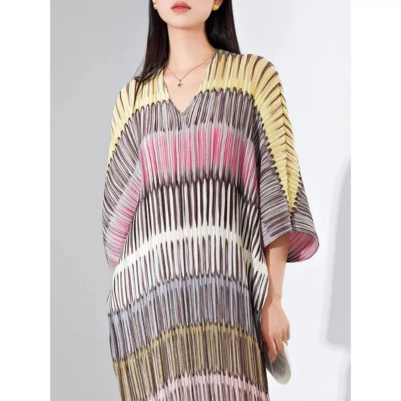 GGHK Miyake Pleated Striped Dress Women V Neck Batwing Sleeve Loose Medium Long 2023 Autumn New Fashion Elegant Female Clothing