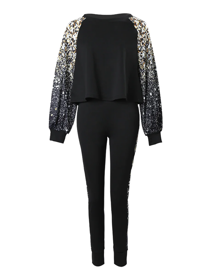 LW Plus Size Fall 2pcs Set - Lantern Sleeve Sequined Top & Skinny Pants Streetwear Suit