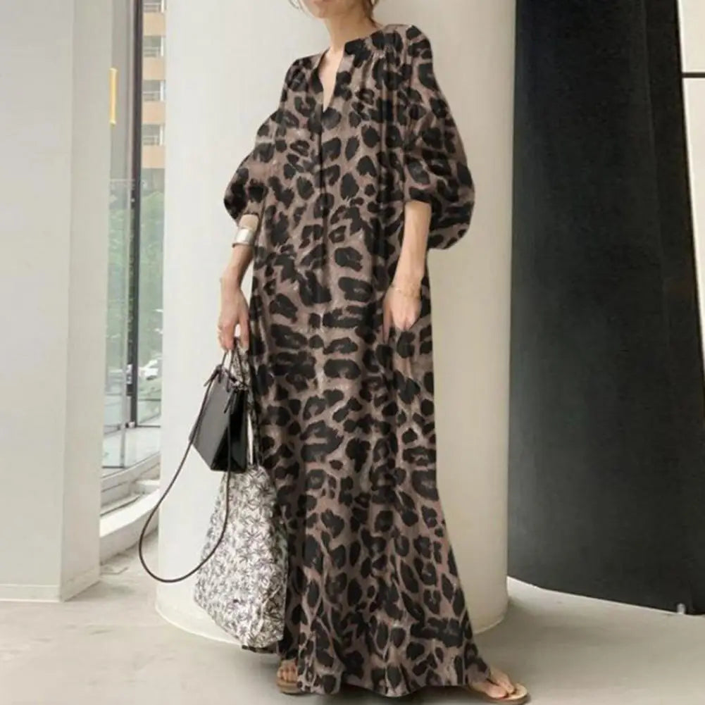 Boho Leopard Print Maxi Dress with Stand Collar and Half Sleeves - Perfect for Fall and Spring Events!