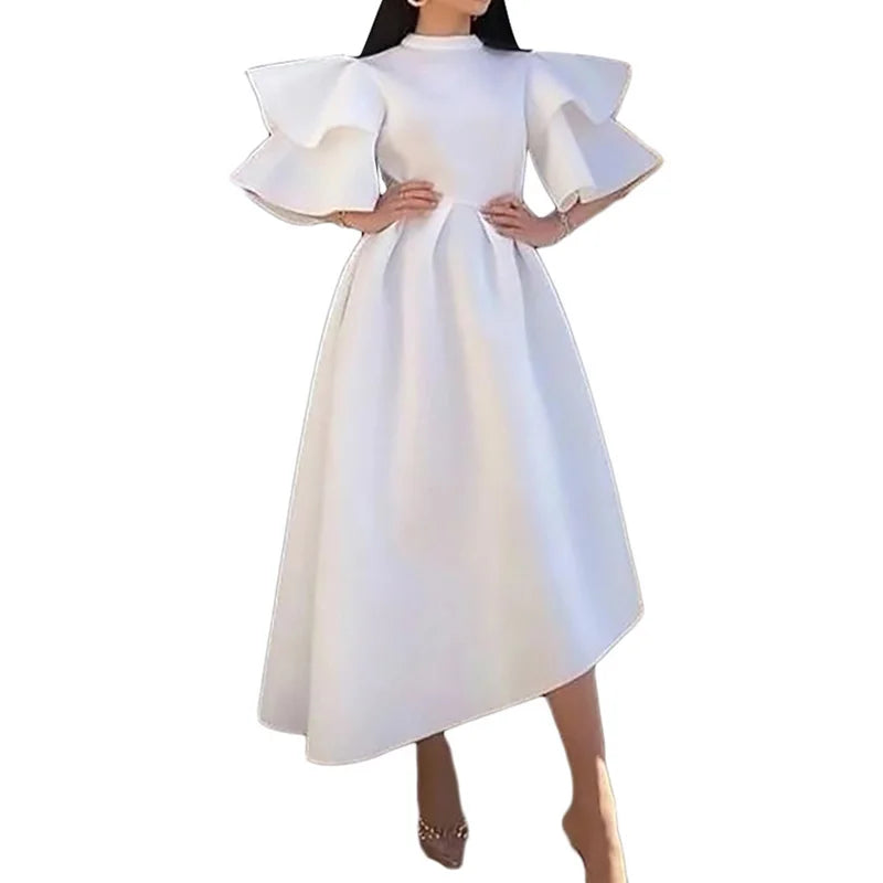 Plus Size Summer Party Dress - Elegant Double-deck Ruffle Design with Zipper - Solid Color, Round Neck, Half Sleeve