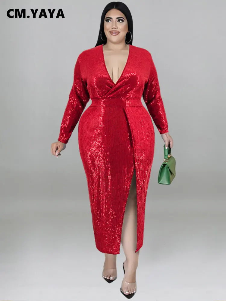 CM.YAYA Plus Size Sequined Women Wrap V-neck Long Sleeve High Side Slit Maxi Long Sexy Party Club Even Bodycon Midi Dress