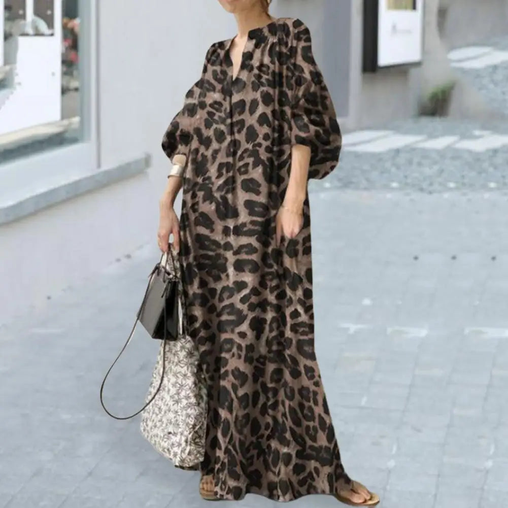 Boho Leopard Print Maxi Dress with Stand Collar and Half Sleeves - Perfect for Fall and Spring Events!