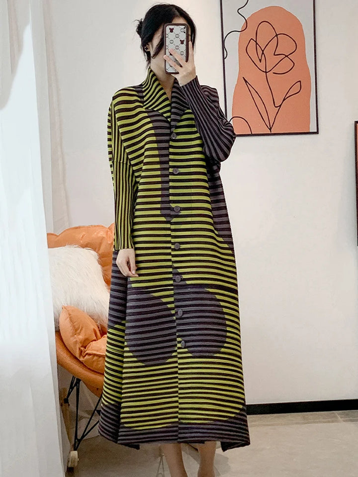 LANMREM Striped Pleated Dress - Lapel Long Sleeve - Casual Loose Fit - 2024 Spring New