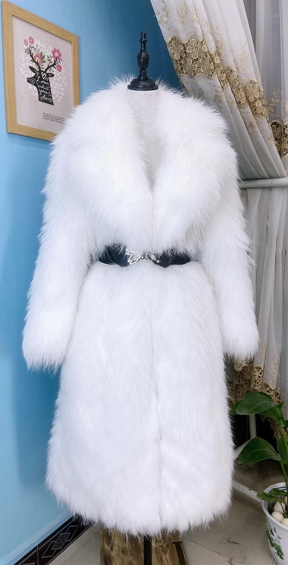 ANNSIRGRA 100% Genuine Fox Fur Jacket x-long Real Fox Fur Coat with Large Turn-down Fox Fur Collar Warm Stylish Fashion Overcoat