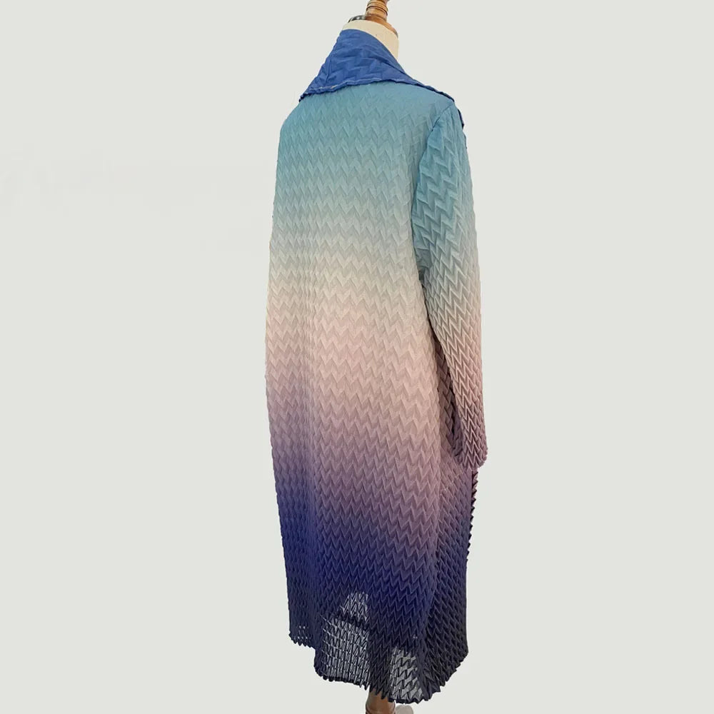 2024 Spring New Miyake Gradient Long Cardigan Dress with Scarf Neck and Pleated Design for Women