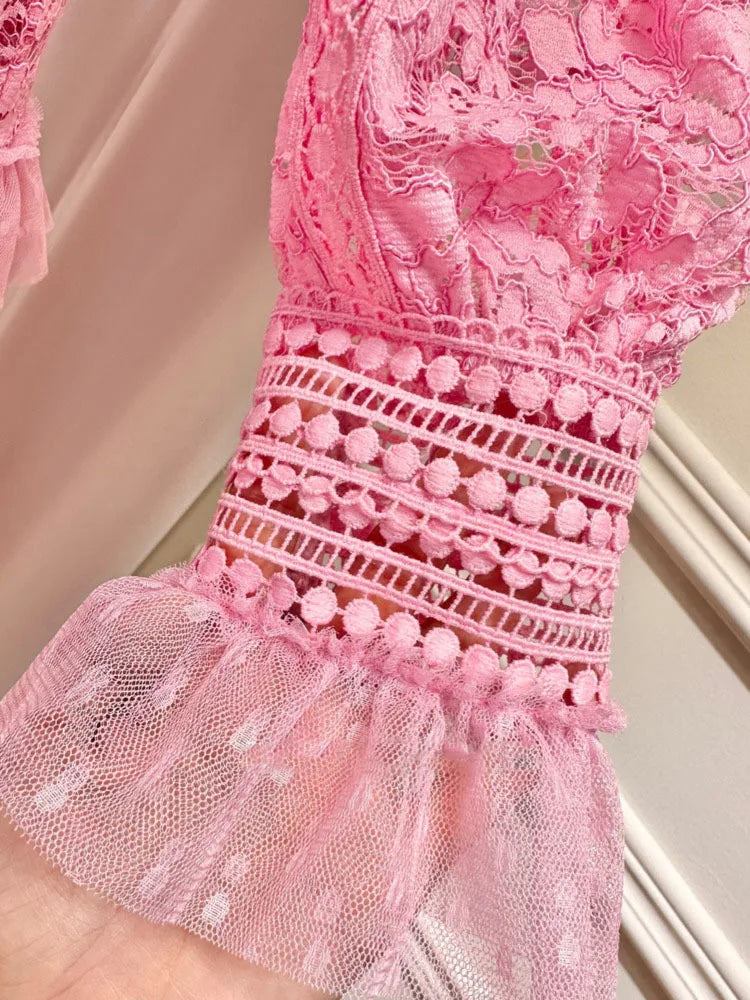 Chic Ruffle Patchwork Lace Dress | High Waist | Autumn Winter 2023