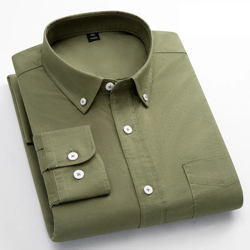 Men's Classic Fit Cotton Long-Sleeve Shirt - Oxford Solid Color Office Top