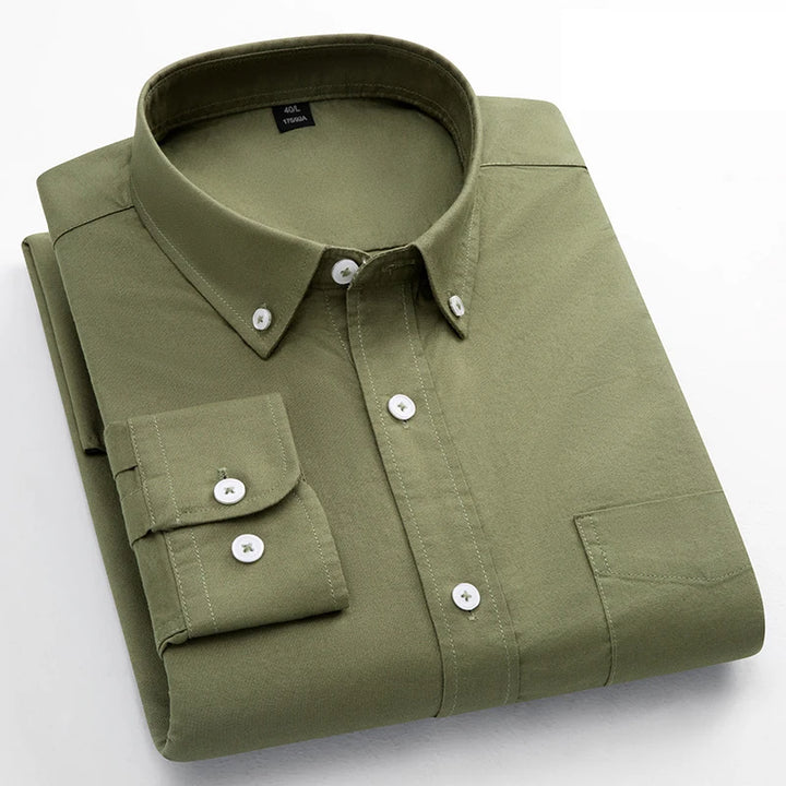 Men's Classic Fit Cotton Long-Sleeve Shirt - Oxford Solid Color Office Top