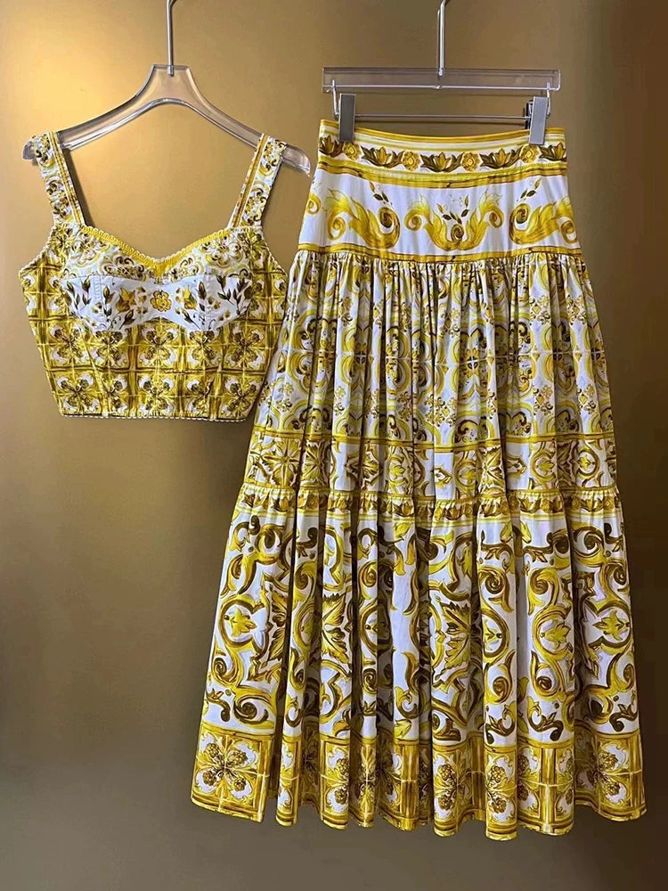 Designer Print Shirt & High Waist Skirt Set