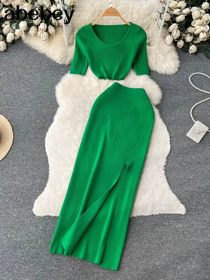 Green Women's Two Piece Knit Set - Crop Top & Split Skirt - Sexy & Comfortable