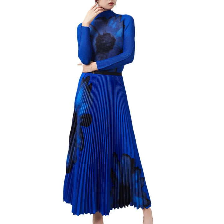 Floral Pleated Dress Set - Elegant & Chic Two-Piece for Women" "Asian Size - Printed Long Sleeve Swing Dress with Pleats" "Miyake Pleated Flower Set - Fashionable & Versatile Two-Piece