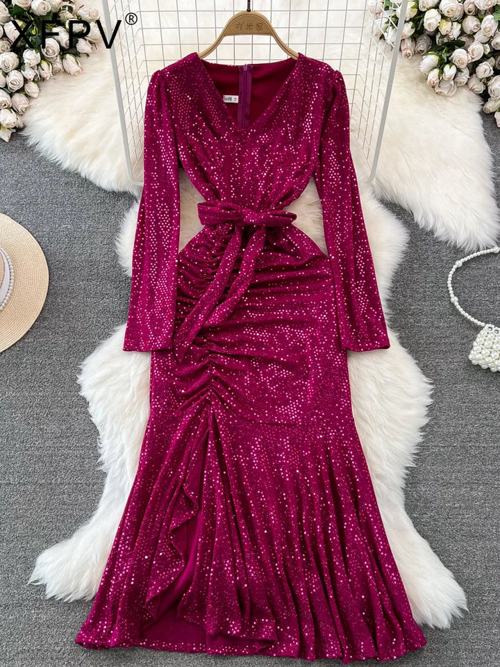 XFPV Elegant V-neck Sequins Dress