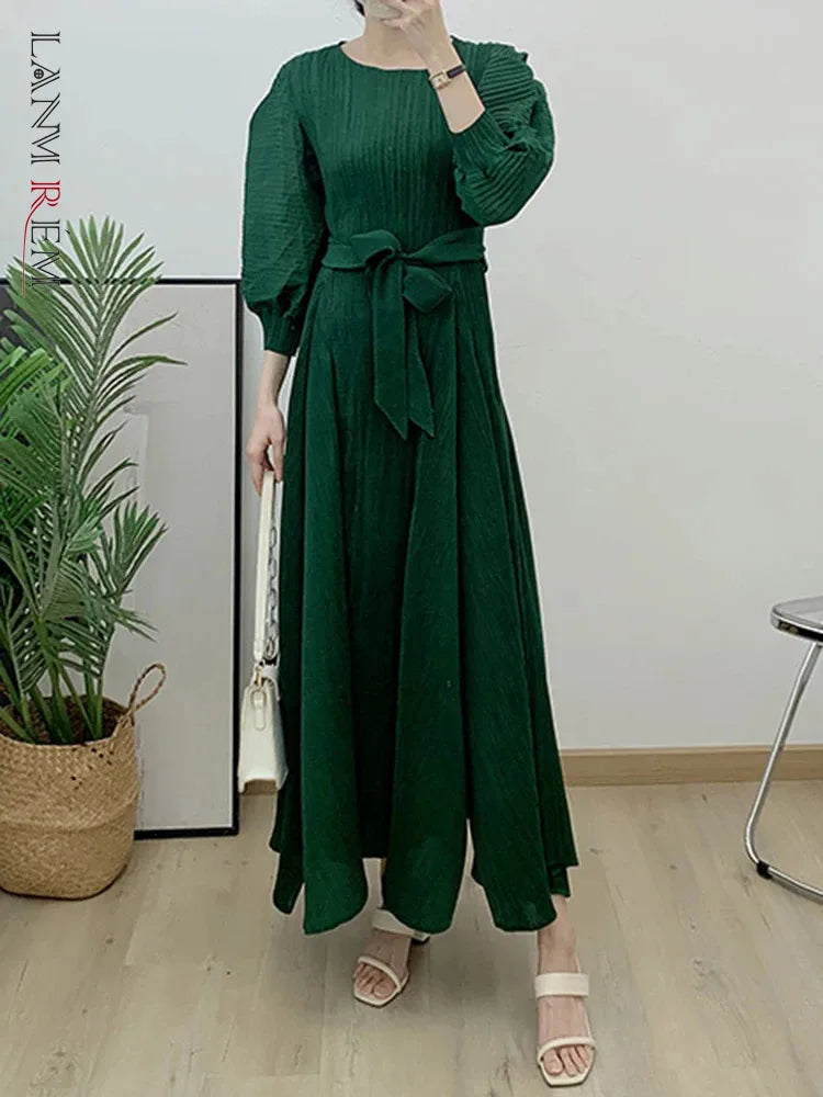 Stylish LANMREM Maxi Dress - High Waist, Long Sleeves, Pleated - 2024 Spring Collection