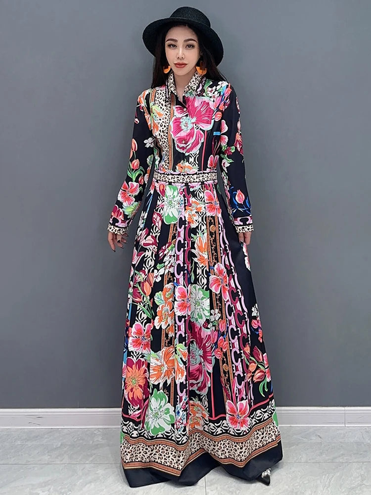 Vintage Printed Dress - Elegant A-line - Floor Length - Spring 2024 - Trendy - Lapel - Women's Fashion
