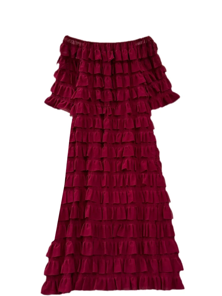 Chic Ruffled A-Line Dress - High Waist, Slash Neck, Spring/Summer 2024 - XFPV Women