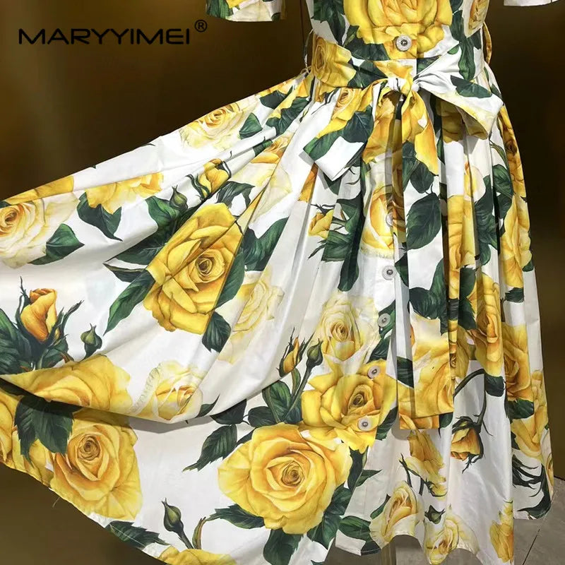 Upgrade Your Wardrobe with MARYYIMEI Yellow Rose Printed MIDI Dress - Slim-Fit, Lace-Up, and Single-Breasted!