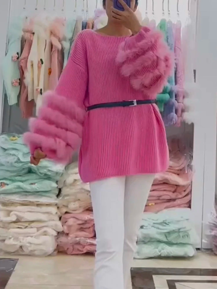 Real Fox Fur Knit Sweater - Loose Fit, Autumn/Spring - 100% Genuine Fur