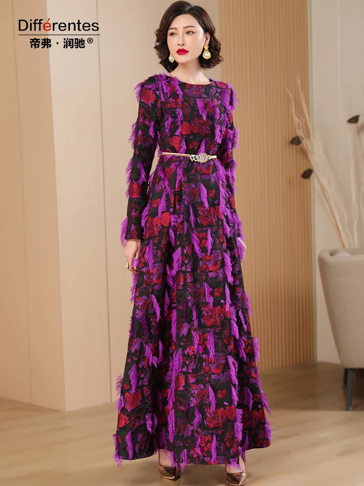 Luxury Spring Autumn Jacquard Dress with Tassels and Long Sleeves - Perfect for Weddings, Evenings, and Formals