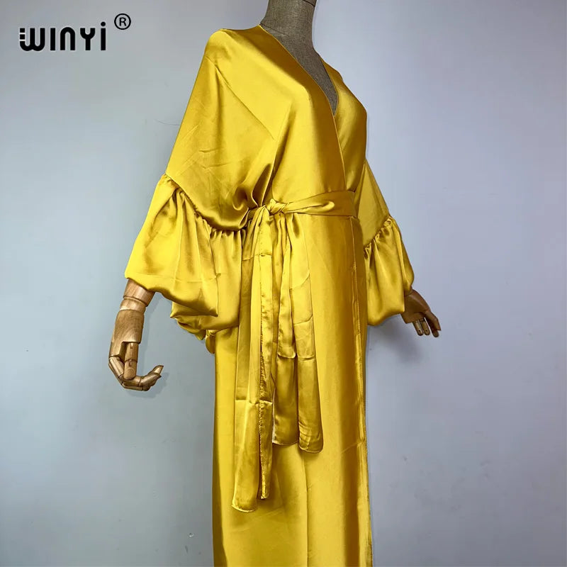 Summer Chic: WINYI Silk Dress with Self Belt & Bubble Sleeves - Perfect for Holidays, Beach, & Pool