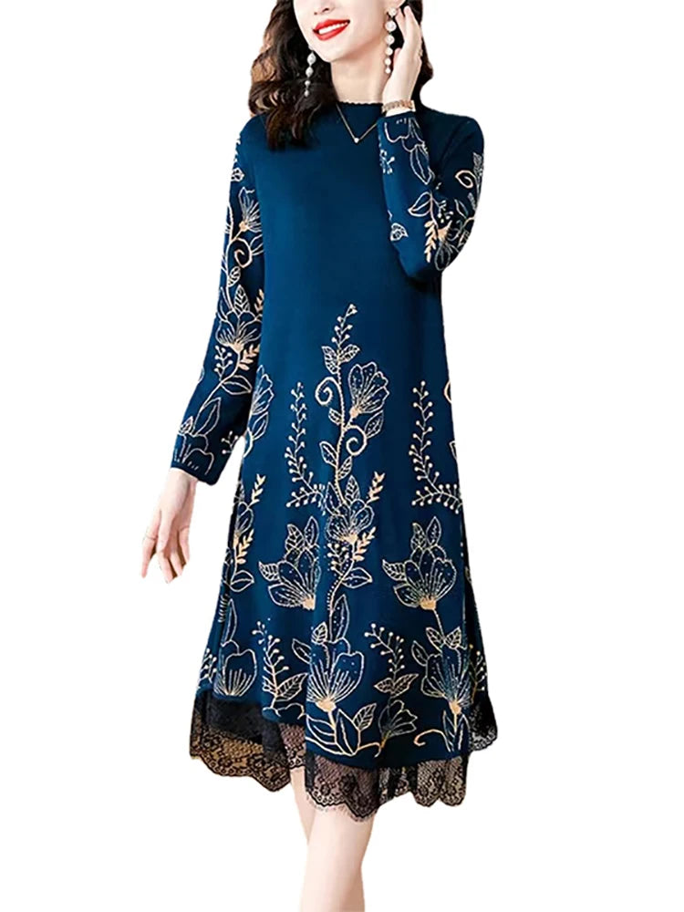 2024 Chic Blue Floral Knit Pullover Sweater - Luxury Lace Ruffles for Women