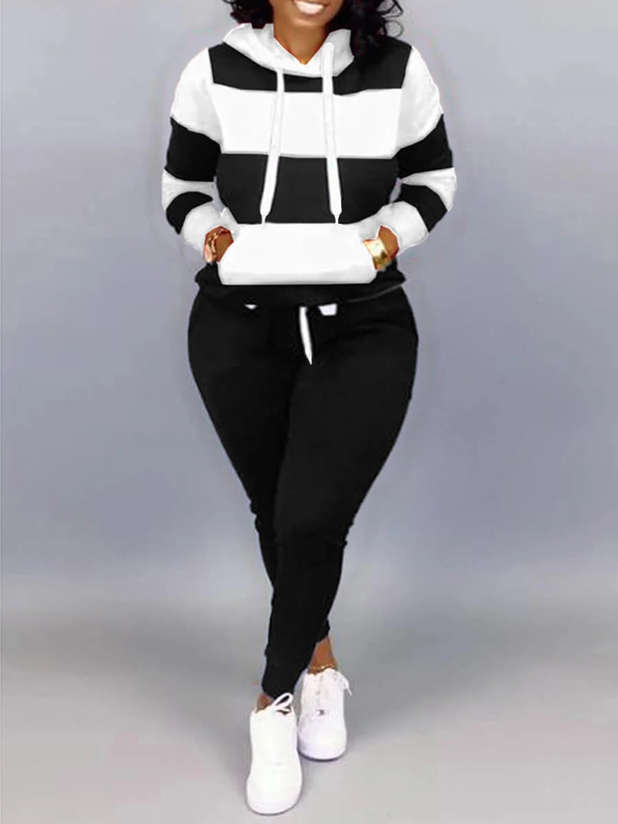 Autumn Plus Size Striped Tracksuit Set - Hoodie & Pants Combo for Women