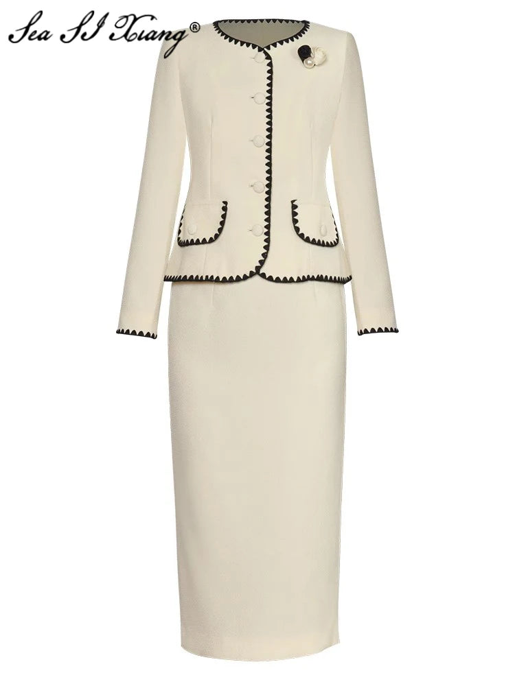 Seasixiang Fashion Autumn Tweed Suit Women O-Neck Long Sleeve Contrasting Colors Coat + Pencil Skirt Office Lady 2-Piece Set