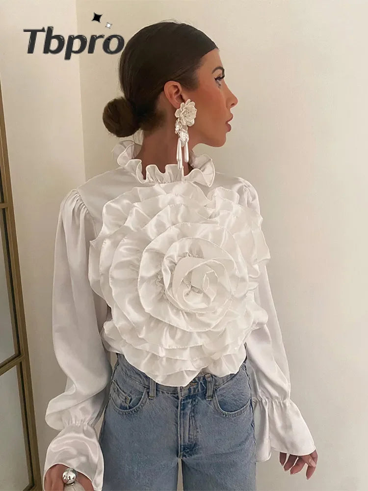 2024 Spring Women's Elegant Chiffon Pullover: 3D Flower Wave Collar Blouse