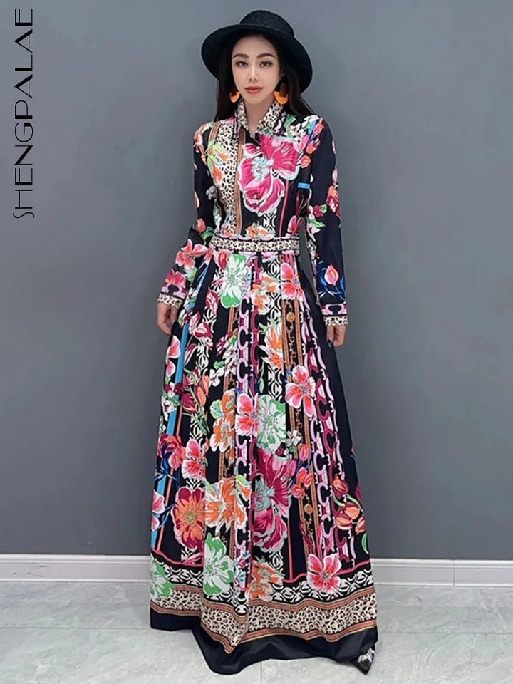 Vintage Printed Dress - Elegant A-line - Floor Length - Spring 2024 - Trendy - Lapel - Women's Fashion