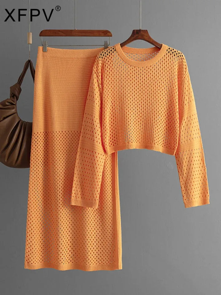 XFPV Women's Sweet Hollow Out Knitted Sweater Top Long Half Fashion Skirt 2-piece Set Y2k Korean Tide Autumn Winter 2024 SM11456
