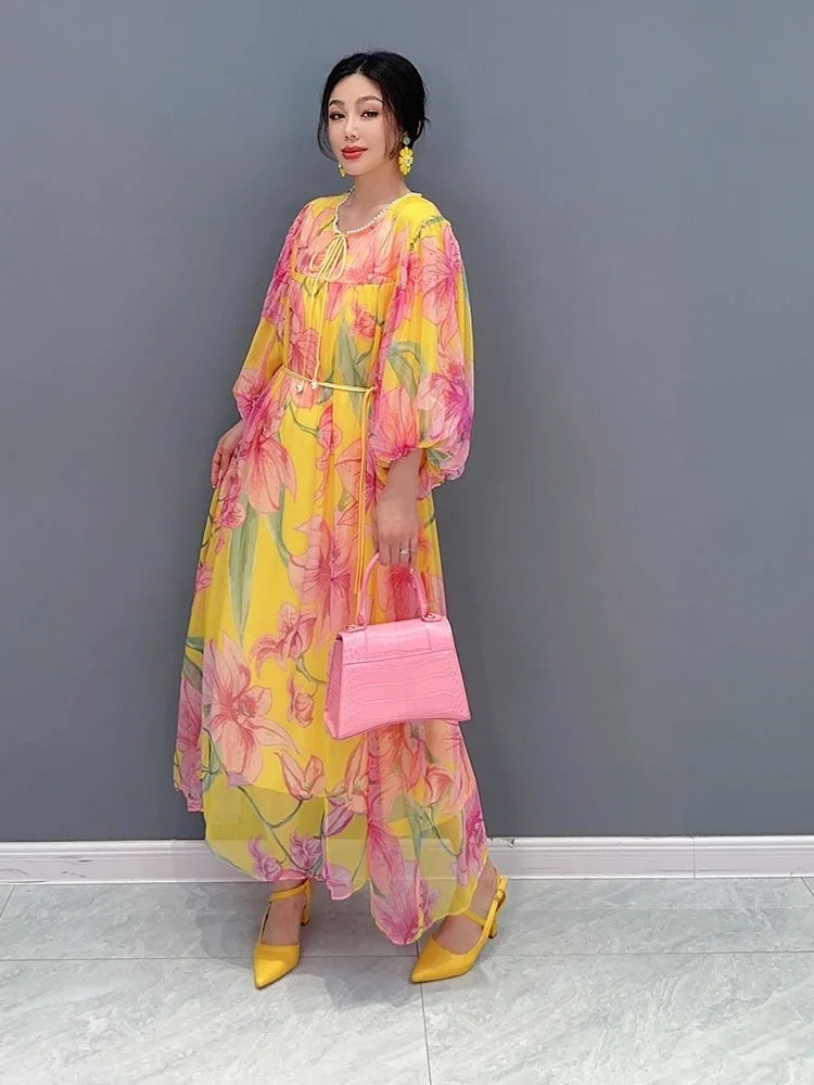 2024 Summer Chiffon Floral Dress - Elegant and Colorful Print - One Size Fits All