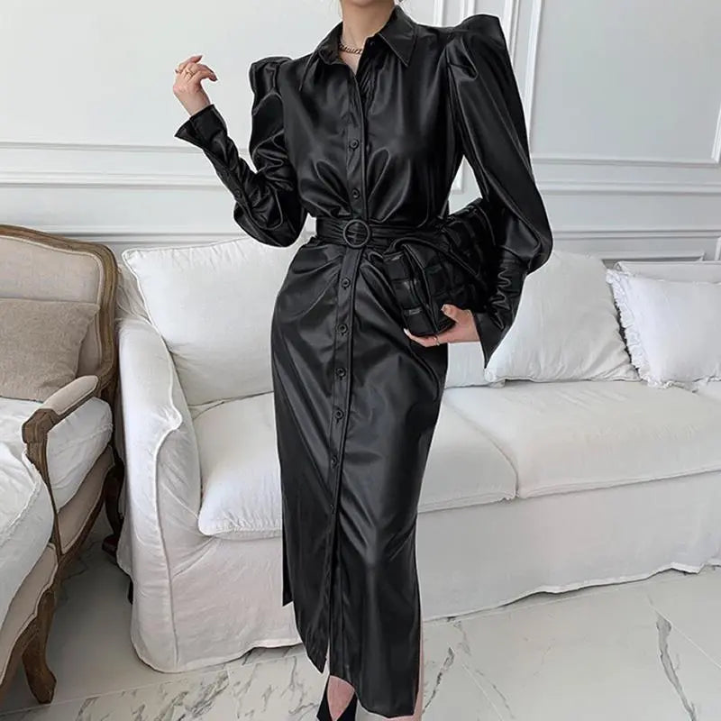 Chic PU Leather Motorcycle Dress - High Waist, Long Split Sleeves, Belted - Women's Autumn Collection