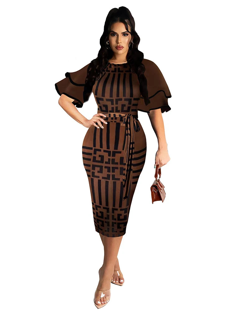 Geometric Printed Autumn Dress with Ruffle Sleeves and Belt - Elegant Midi Robe for Women 2023