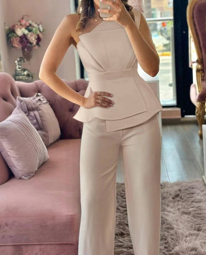 Stylish 2024 Women's Two-Piece Set - One Shoulder Sleeveless Top & High Waist Pants