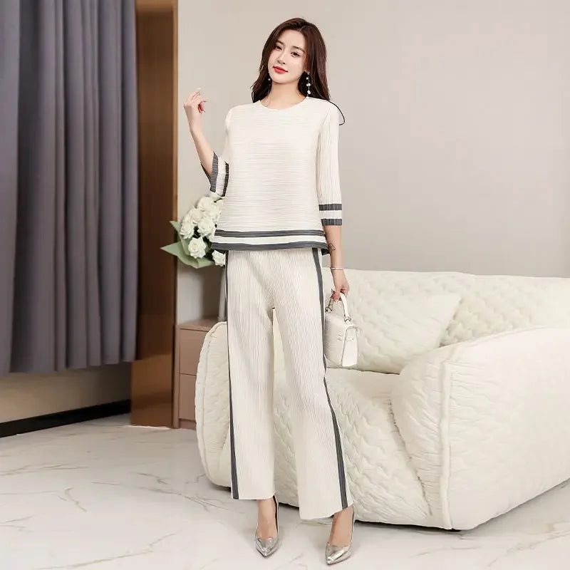 Pleated Spring and Autumn Women's Round Neck Sweet Goddess Wide Leg Pants Two Piece Fashion Set