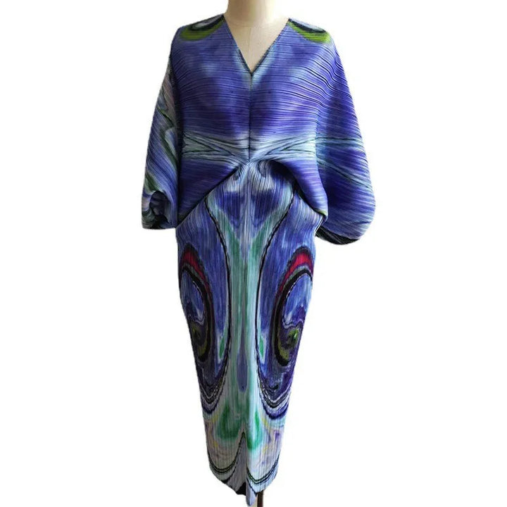 2022 Spring/Summer Miyake Pleated Dress - Bat Sleeve, Large Size, Fashion Print