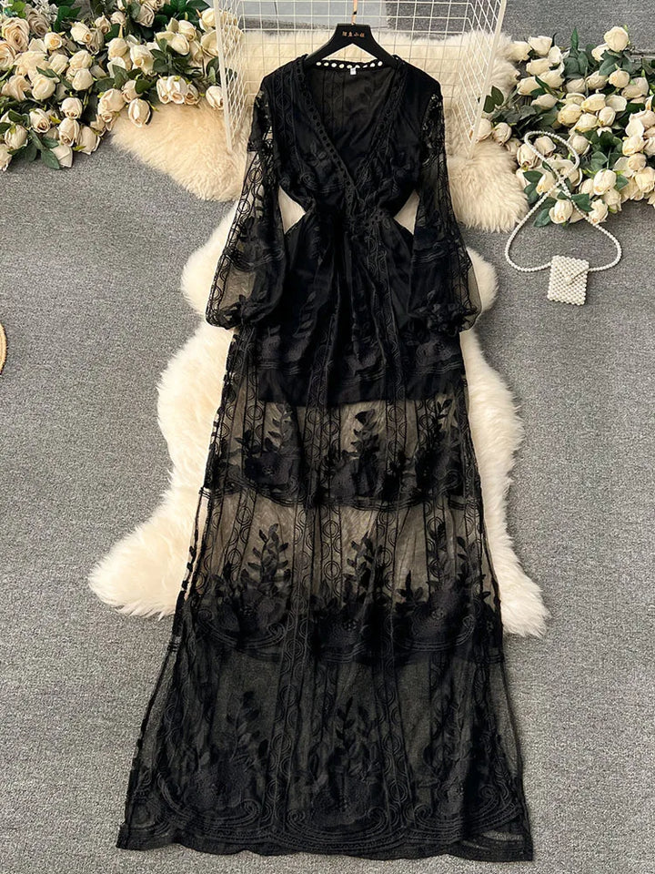 EWQ Embroidery Lace V-neck Color High Waist A-line Vestidos Sweet Style Fashion Women's Dress Winter Spring 2024 New