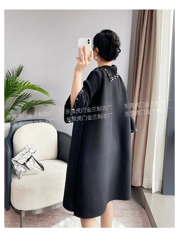 Chic Miyake Beaded Dress for Women - Elegant & Age-Defying Niche Skirt for 2024 Spring/Autumn