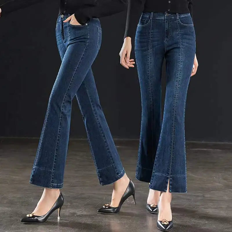 Vintage Korean Flare Jeans - High Waist Split, All-match Office Lady Pants